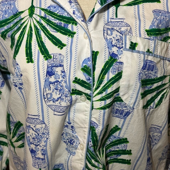 🌻 8 Oak Lane Ginger Jar Palm Button Down Sleep Shirt size XS/S Green & Blue - Picture 6 of 11